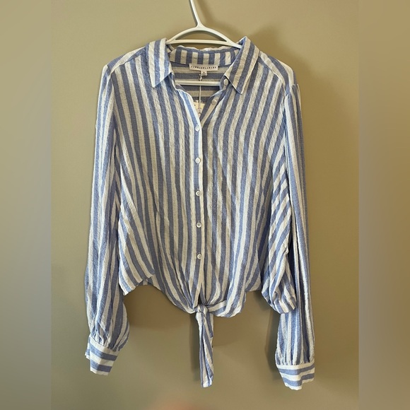 Jane + Delancey Blue and White Striped Tie-Front Shirt - Picture 2 of 4